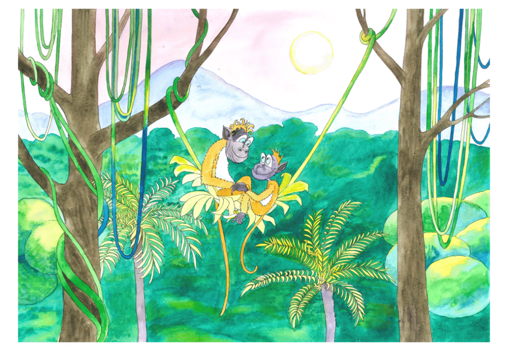 Et bilde av en apemamma og et apebarn som sitter sammen oppe i trærne i en jungel