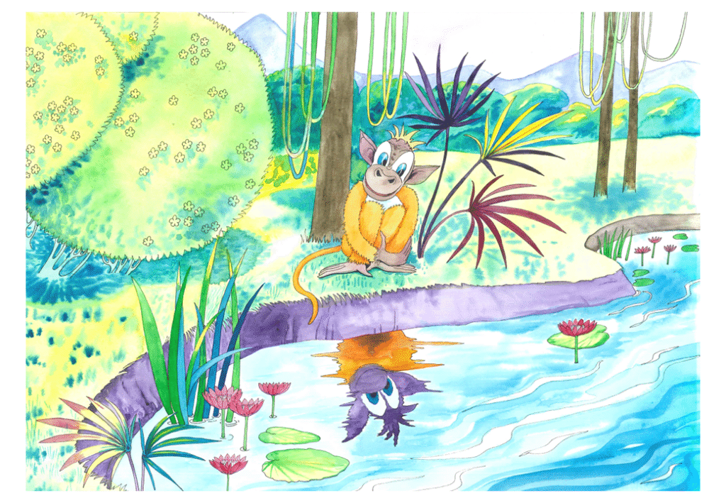 Apeungen ser på seg selv i speilbildet i elven, 