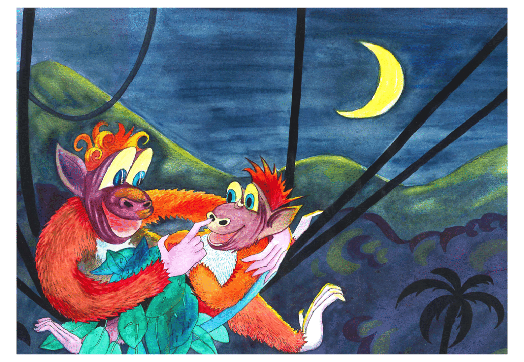 Apeungen og mammaen ser på hverandre og holder rundt hverandre oppe i treet. Det er mørkt og månen lyser. 