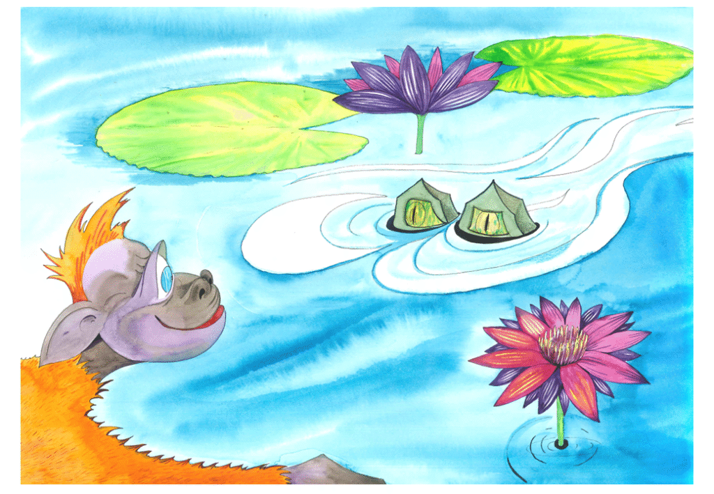 Apeungen ser ut i vannet. Der stikker det to øyne opp. 