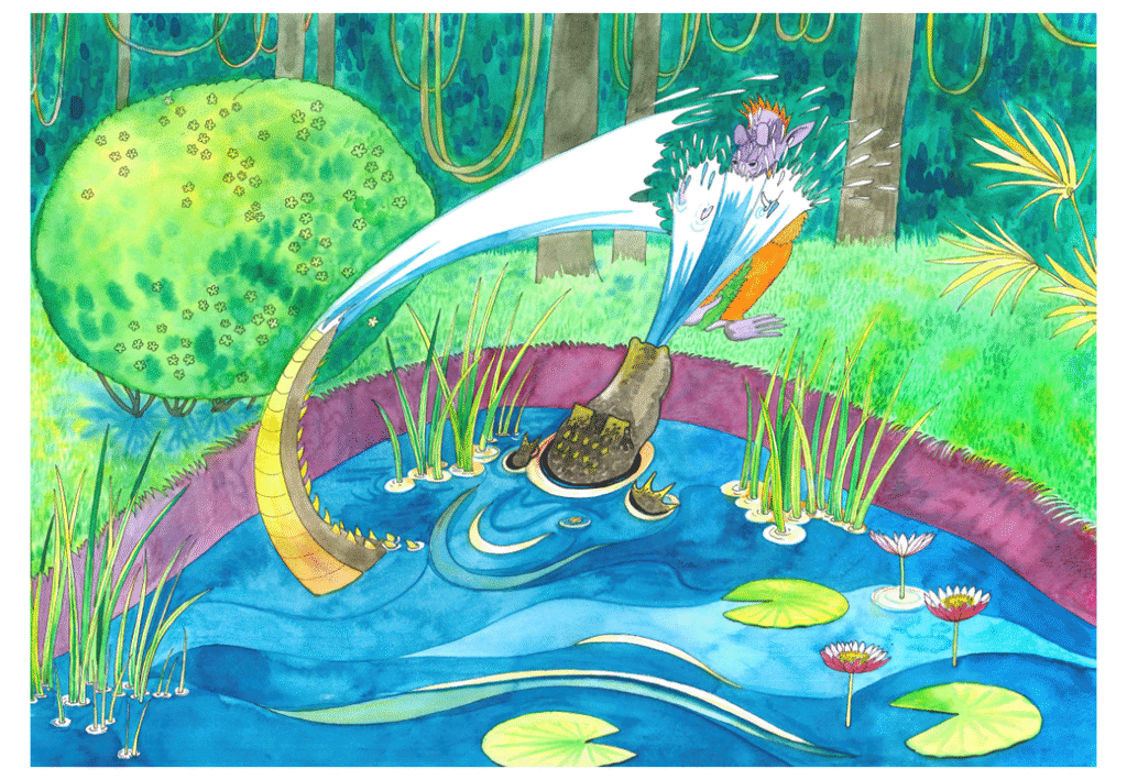 En krokodille spruter vann på apeungen. Apeungen blir klissvåt. 