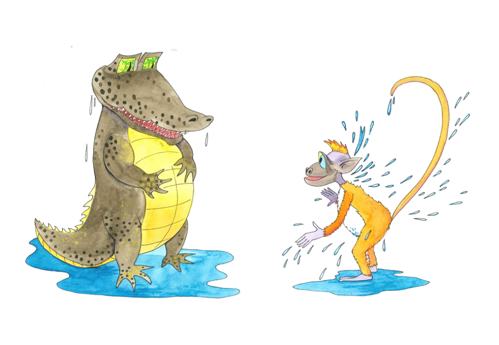 Apen og krokodillen står på land og ser på hverandre. De smiler og vann renner fra kroppene deres. 