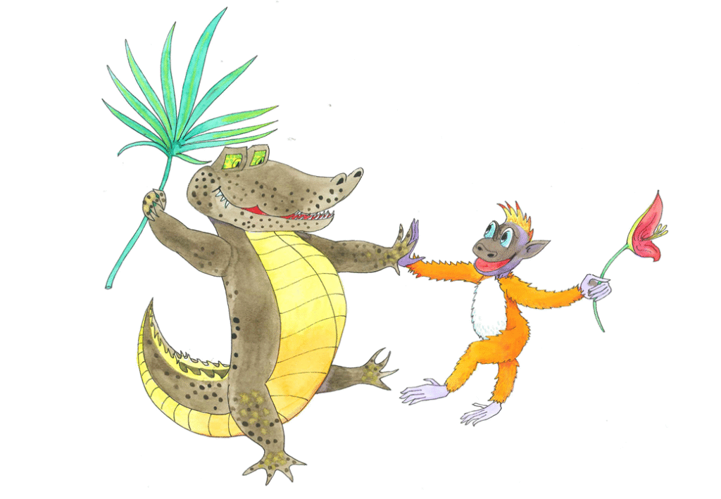 Apeungen og krookodillen holder hverandre i hendene og danser sammen