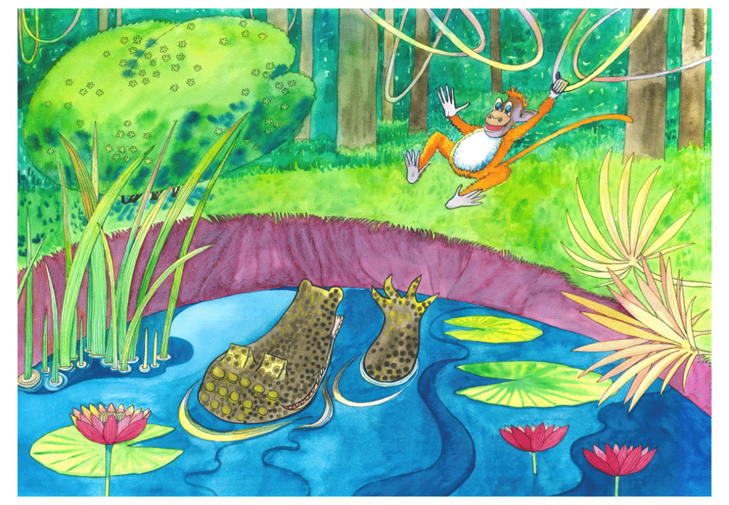 Krokodillen er nede i vannet og vinker opp til apeungen som er på land. 