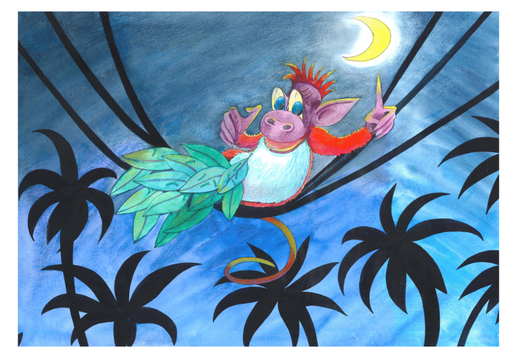 Apeungen ligger i en hengekøye i treet. Det er mørkt. 