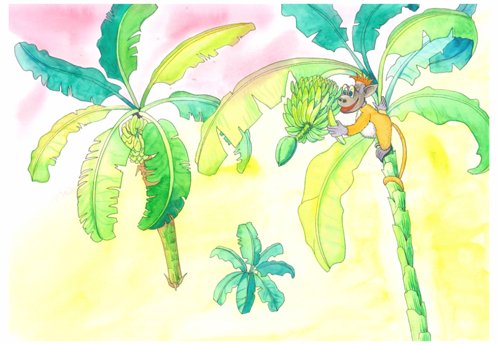 Apeungen henger oppe i et tre. Han plukker bananer. 