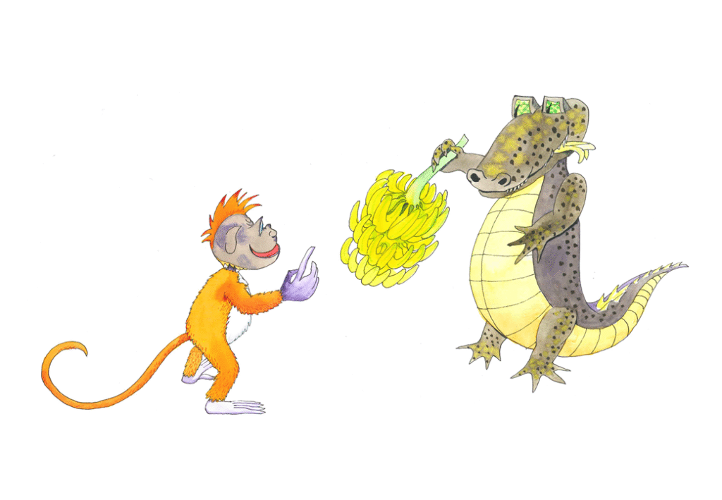 Apeungen gir krokodillen en stor bananklase. 