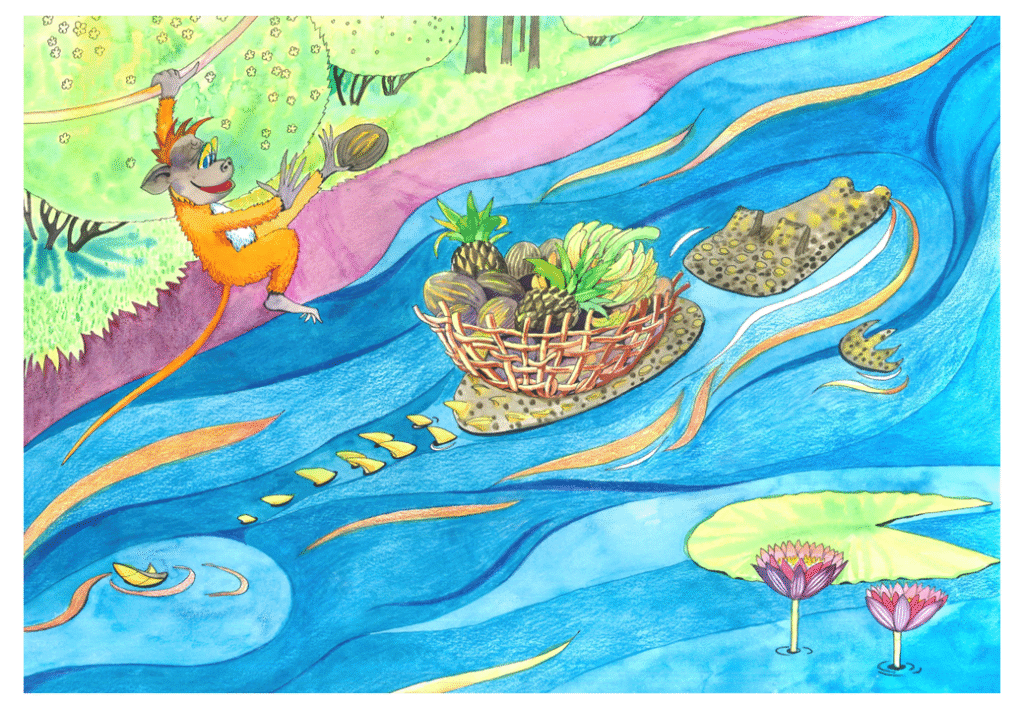 Apeungen henger i et tre. Krokodillen er ute i elven med en stor fruktkurv på ryggen sin. 