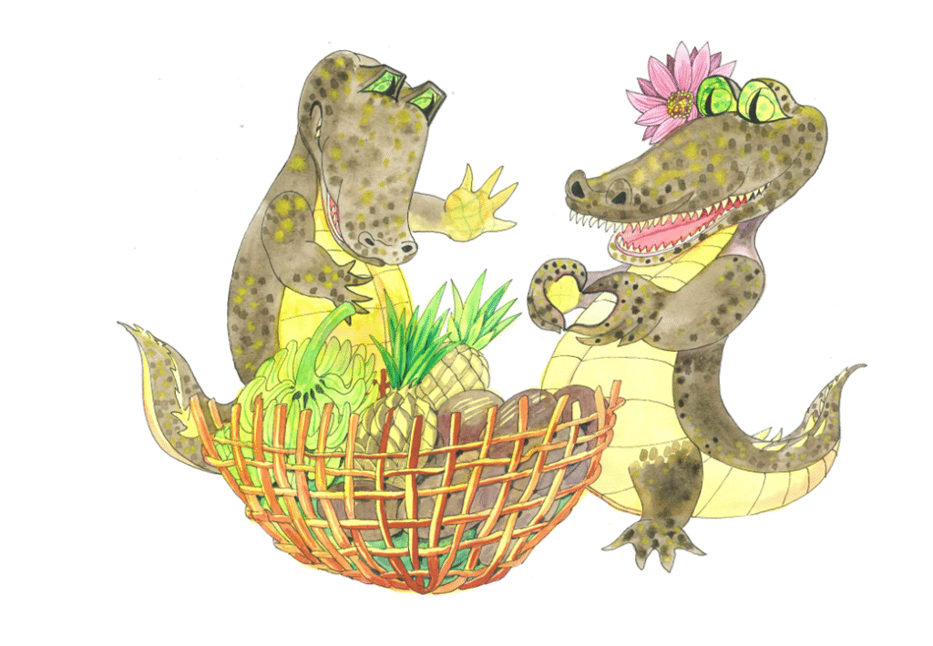 Krokodillen og krokodillekona står rundt fruktkurven. 