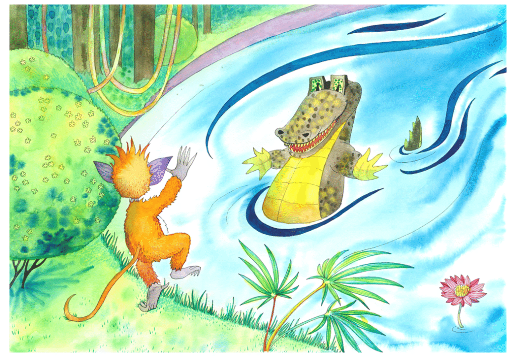 Krokodillen smiler mot apen som står på land. 