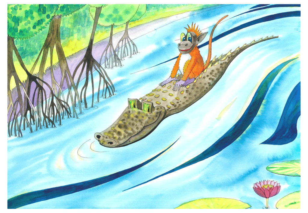 Apen sitter på ryggen til krokodillen, de svømmer i vannet. 