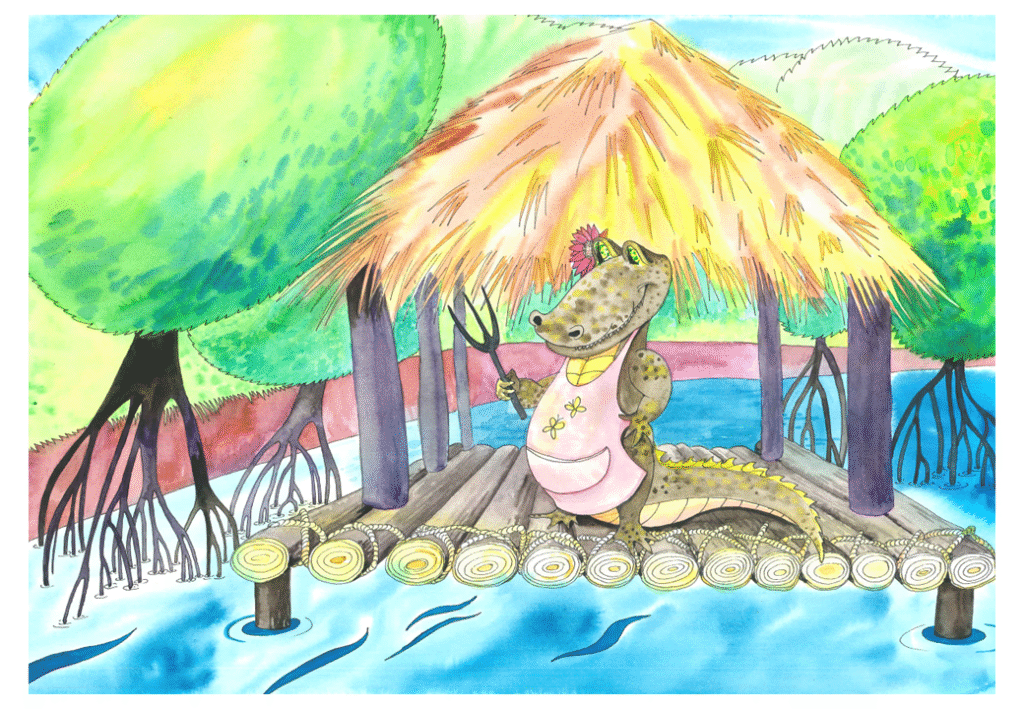 Krokodillekona står i vannkanten. Hun har på seg et forkle og holder en stor gaffel i hånden. 