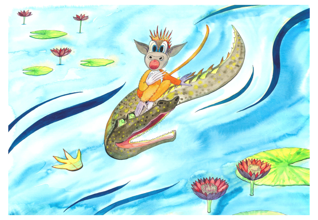 Apen sitter på ryggen til krokodillen. Han gisper. 