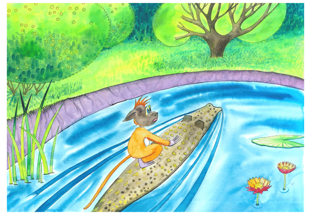 Apen sitter på ryggen til krokodillen i vannet. Apen er redd. 