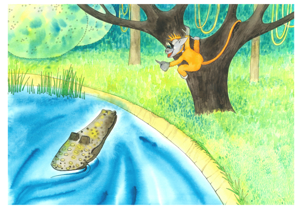 Apen sitter oppe i treet. Krokodillen titter opp fra vannet. 