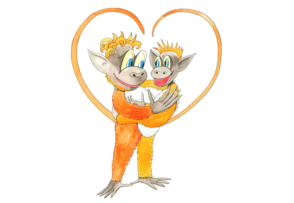 Apemannan holder apteungen sin i armene. De smiler til hverandre og halene er formet som et hjerte. 