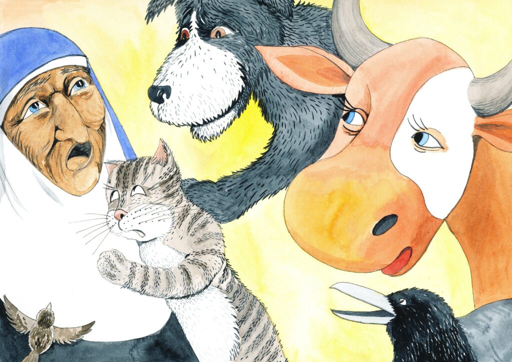 dyrene klamrer seg til den gamle damen