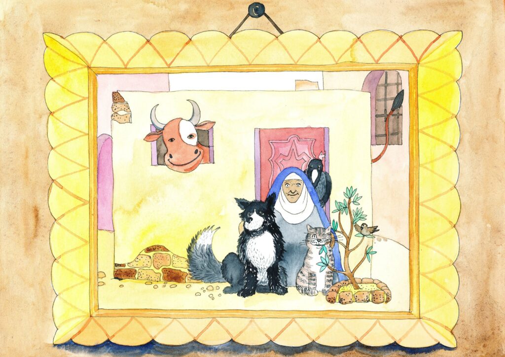 Damen og dyrene sitter utenfor huset og er glade for å bo sammen.