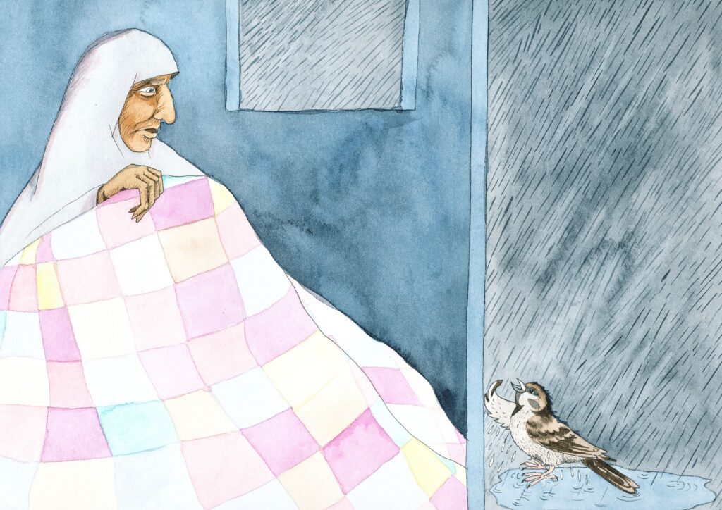 utenfor døren står det en spurv