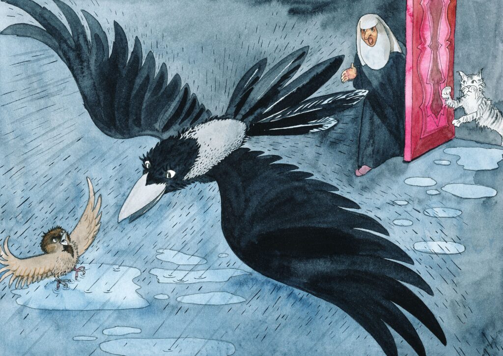 En kråke flyr inn i huset. En katt banker på døren utenfor.