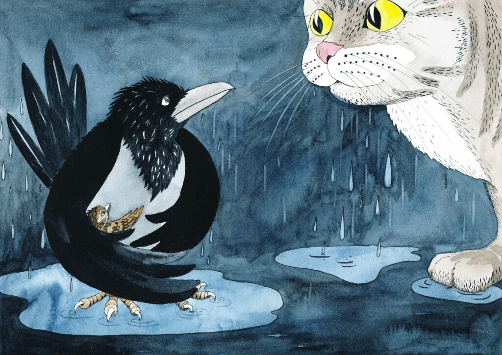 katten ser på kråken og spurven,