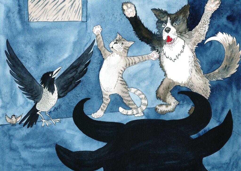 hunden, katten, kråka og spurven står med labber, poter og vinger opp i været. En okse står foran dem,