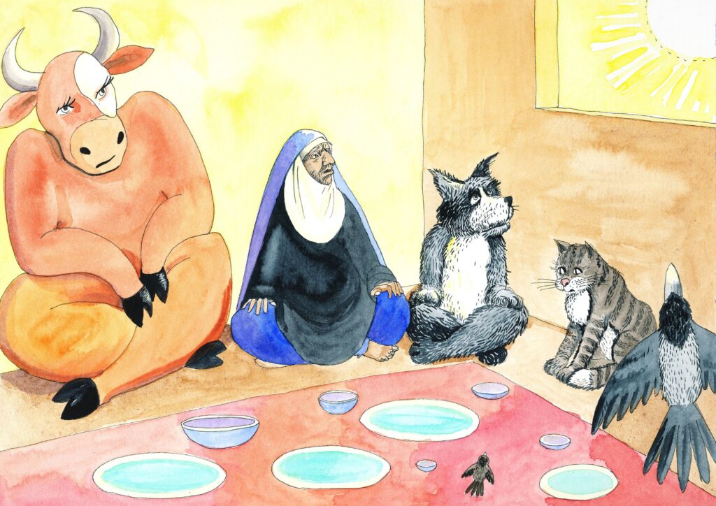 dyrene og den gamle damen sitter sammen på bakken rundt et teppe og spiser frokost. solen skinner utenfor og inn igjennom vinduet.