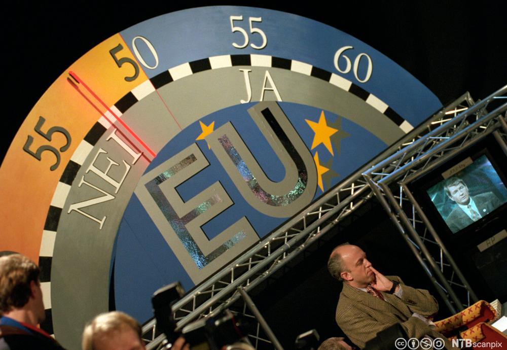 Foto av en blå skive med teksten EU. til høyre står det Ja, og til venstre står det nei. Den røde pila står på nei-siden