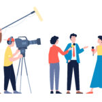 Illustrasjon som viser journalister og fotografer under intervju med forretninsgmann