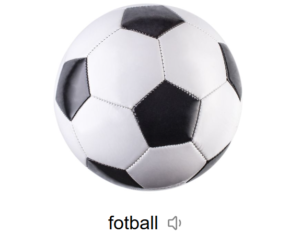 Bilde av en hvit fotball med sorte felt. Under ballen står ordet fotball skrevet med bilde av et lydikon