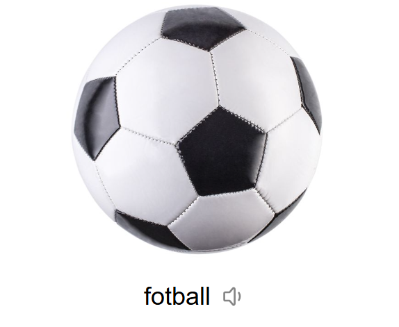 Bilde av en hvit fotball med sorte felt. Under ballen står ordet fotball skrevet med bilde av et lydikon