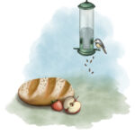 Illustrasjon av et brød med frø, et halv eple med frø, et jordbær med frø og en fugl som sitter på en fuglemater og spiser frø