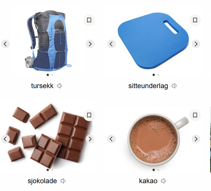 Bilde av fire ting som er lurt å ha på tur. En sekk, et sitteunderlag,en sjolokaldeplate og en kopp med kakao.