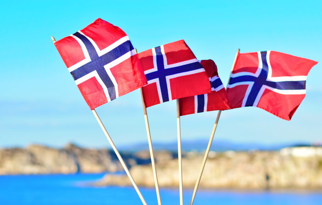 Fotografi av fire håndholdte norske flagg på bakgrunn som inneholder vann og berg.